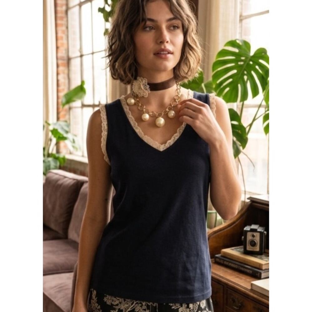 Vintage Y2K Jillian Jones Knit Tank Top with Delicate Sheer Lace Edging